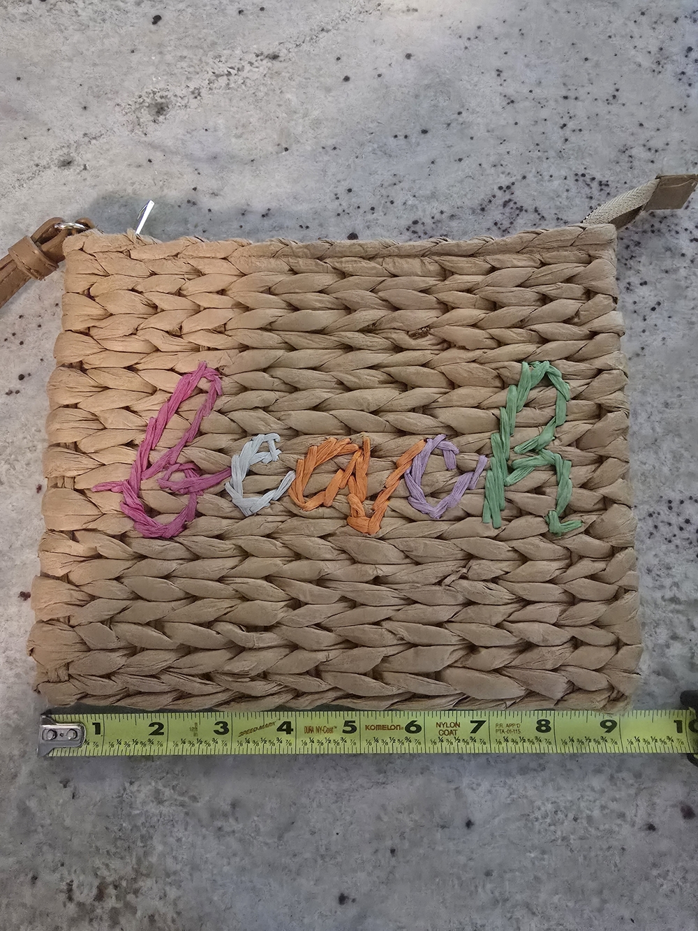 Straw Wristlet Clutch with Multicolor 'Beach' Script